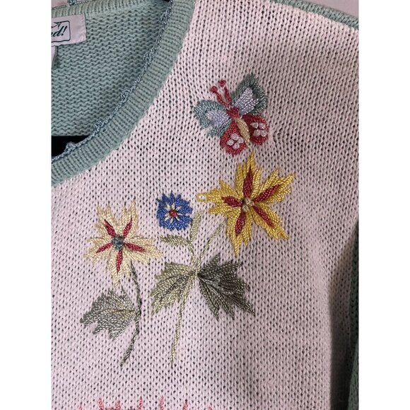 Vintage Knit Sweater L Green Patchwork Embroidery Retro Boho Classic Preppy 80s - Picture 9 of 16